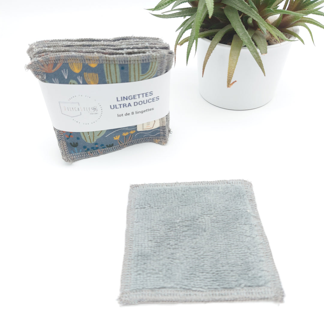 Lingettes démaquillantes lavables - lot de 8 - cactus - bambou anthracite