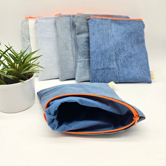 Sac à collation ou sandwich - intérieur bleu, denim bleu zipper orange