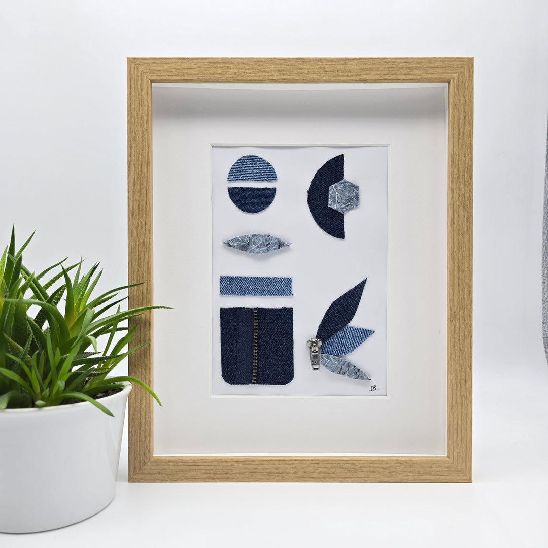 Cadre décoratif – Art en denim recyclé - grand - feuilles