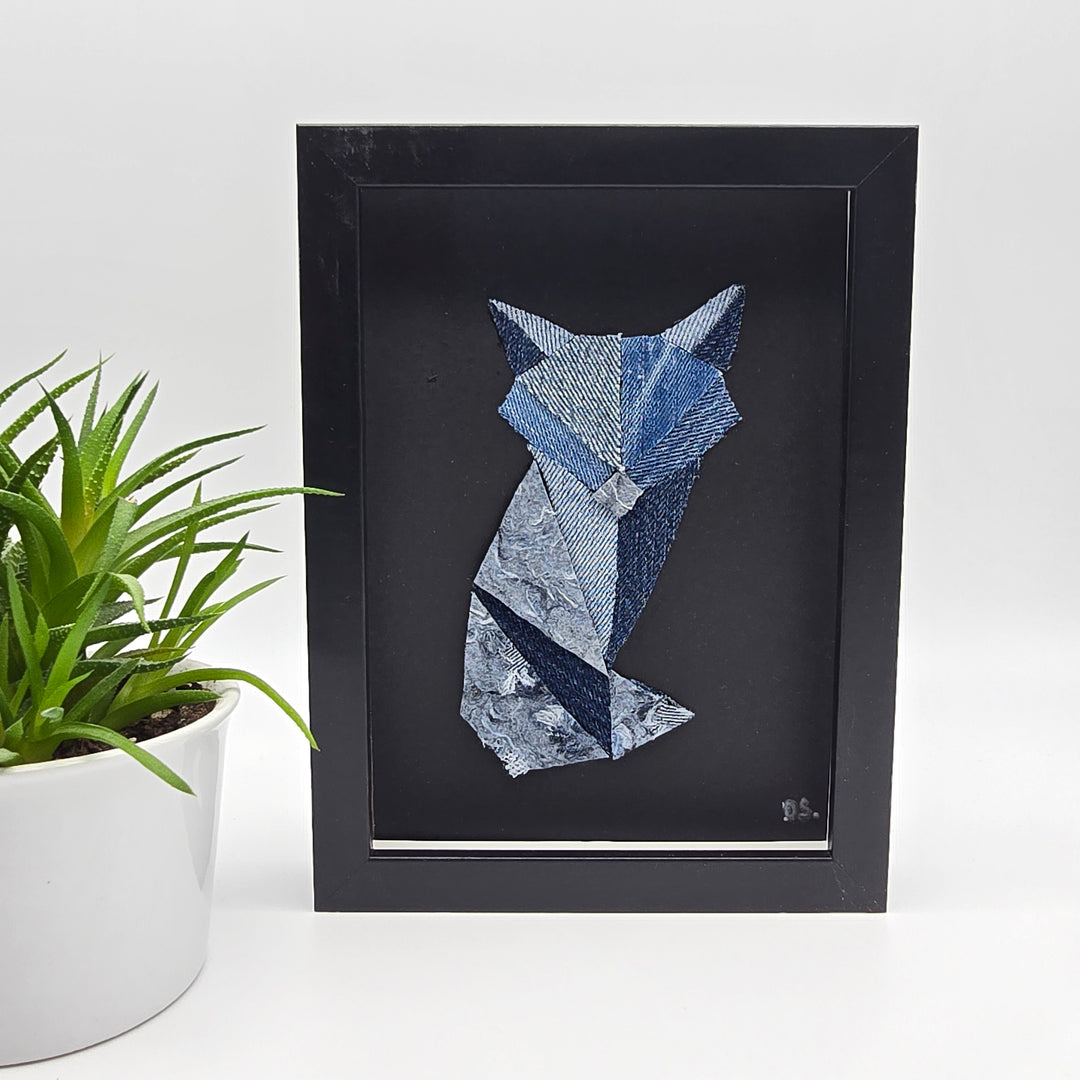 Cadre décoratif – Art en denim recyclé - renard