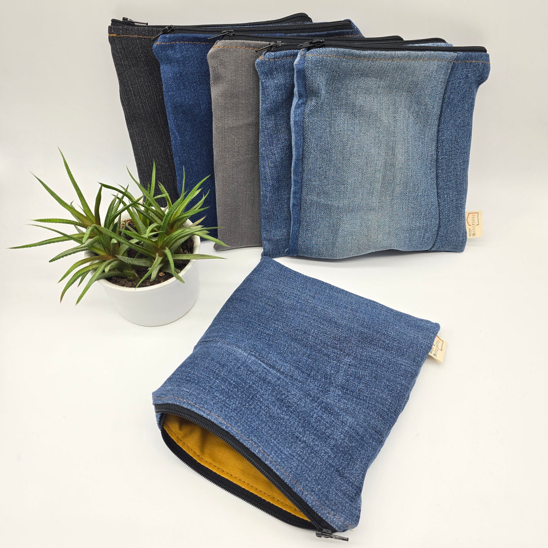 Sac à collation ou sandwich - intérieur jaune, denim bleu zipper noir