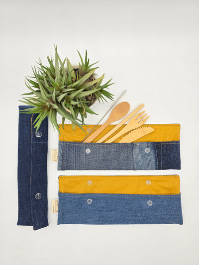 Pochette ustensiles / brosse à dents - interieur jaune denim bleu