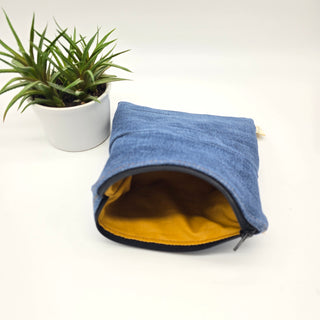 Sac à collation ou sandwich - intérieur jaune, denim bleu zipper noir