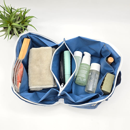 Trousse de toilette - grand carré - denim bleu et noir - intérieur bleu