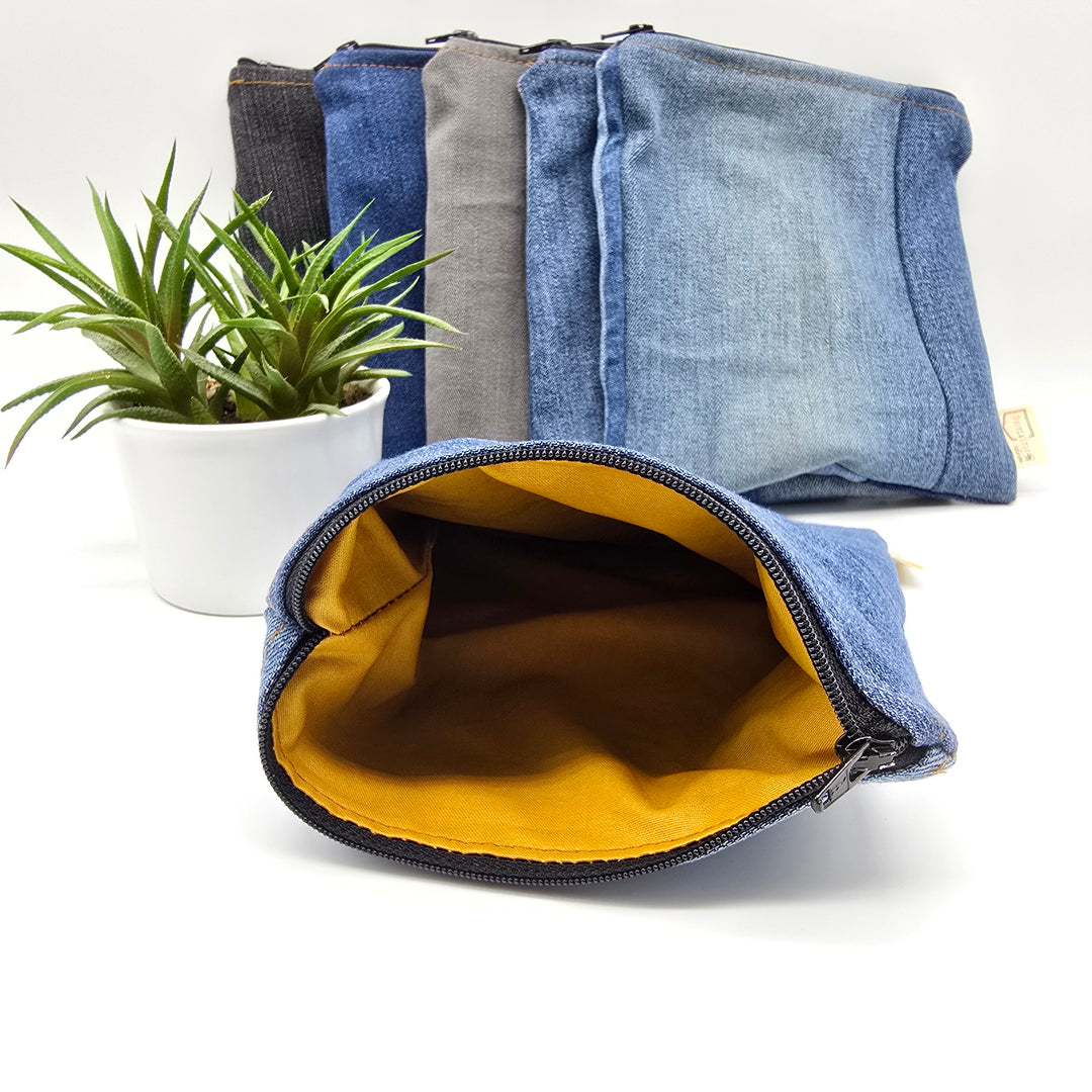 Sac à collation ou sandwich - intérieur jaune, denim bleu zipper noir