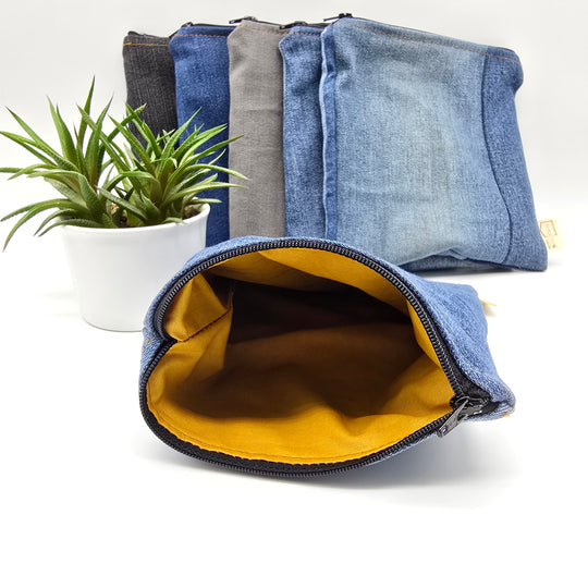 Sac à collation ou sandwich - intérieur jaune, denim bleu zipper noir