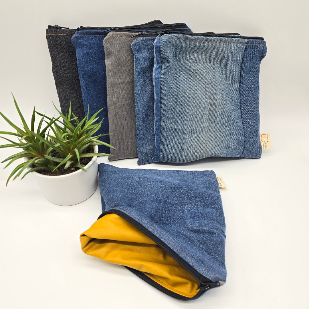 Sac à collation ou sandwich - intérieur jaune, denim bleu zipper noir
