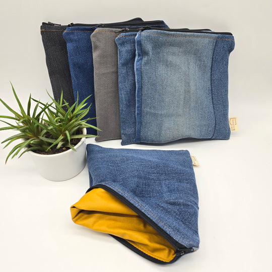 Sac à collation ou sandwich - intérieur jaune, denim bleu zipper noir