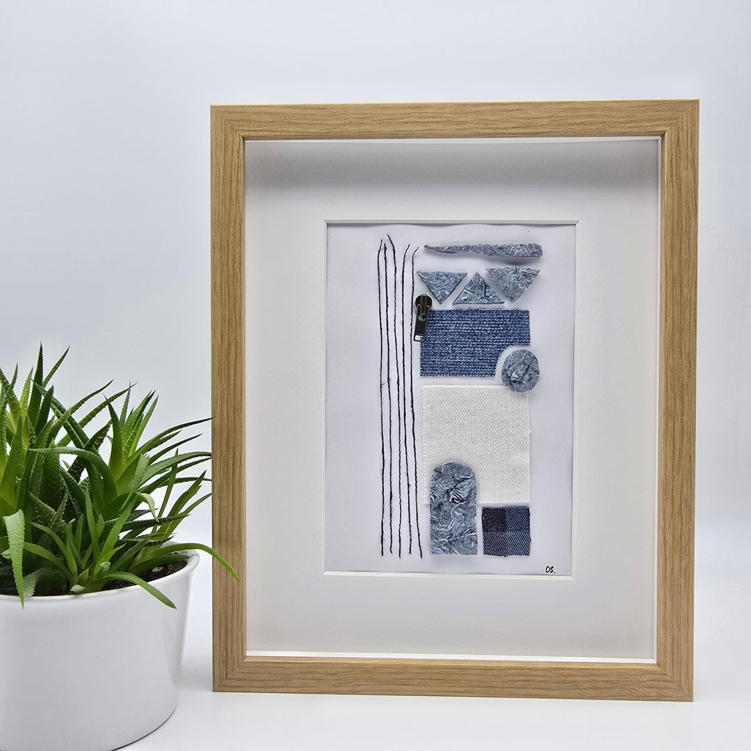 Cadre décoratif – Art en denim recyclé - grand - géométrique