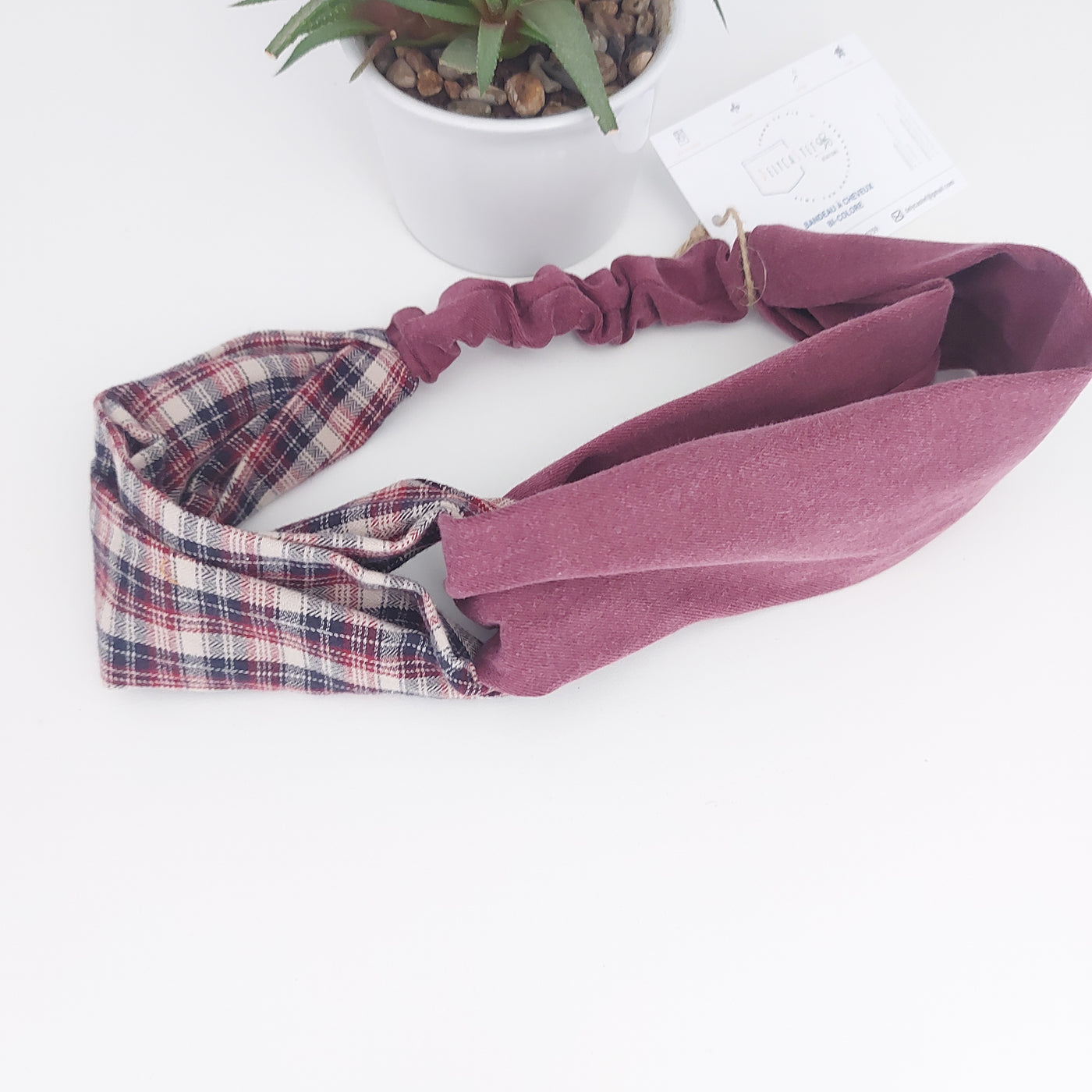 Double color headband - burgundy and check shirt