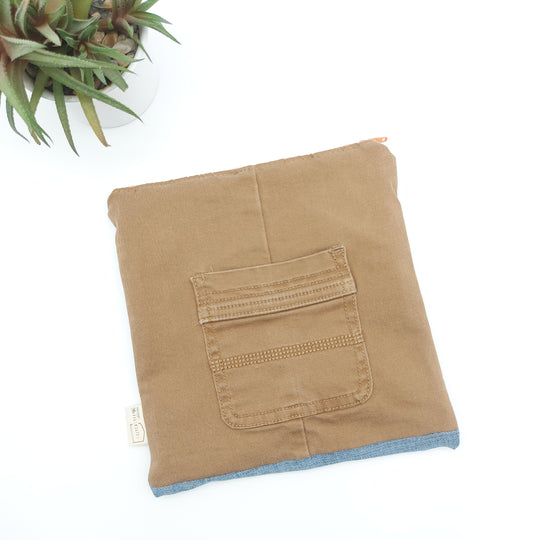 DelycaStef sac sandwich refermable lavable jeans recyclé denim bleu et camel