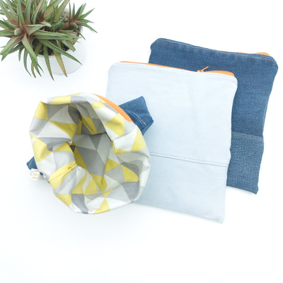 DelycaStef sac sandwich refermable lavable jeans recyclé denim bleu interieur jaune 