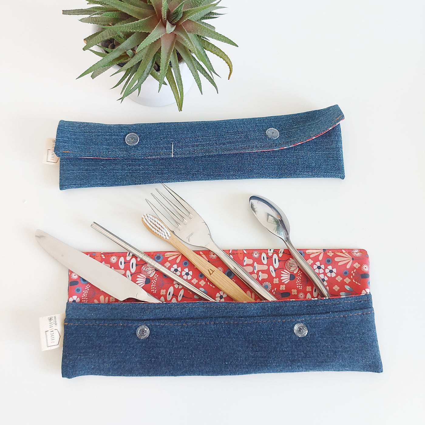 delycastef pochette ustensiles brosse dents denim bleu rose