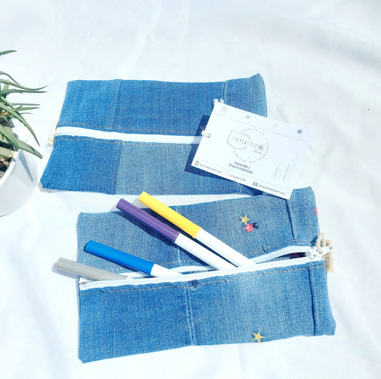 delycastef trousse etuis crayon denim bleu zipper blanc